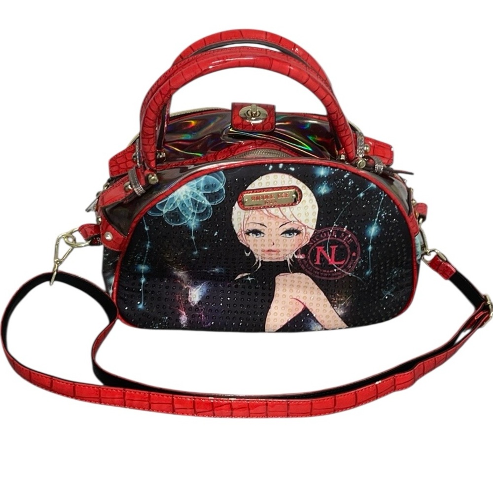 Nicole Lee Red/Black Rhinestone Erika Print Bowler Bag